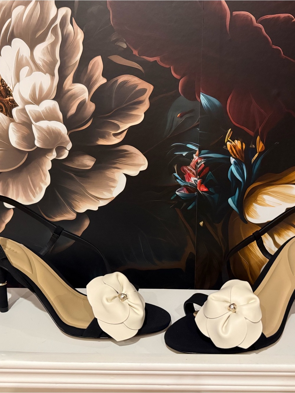 Ted Baker Black Slingback Heels with Cream Flower Accent
